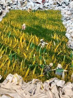Our share of night to bear (Mixed Media, 3D Figures in a Green and Yellow Field)