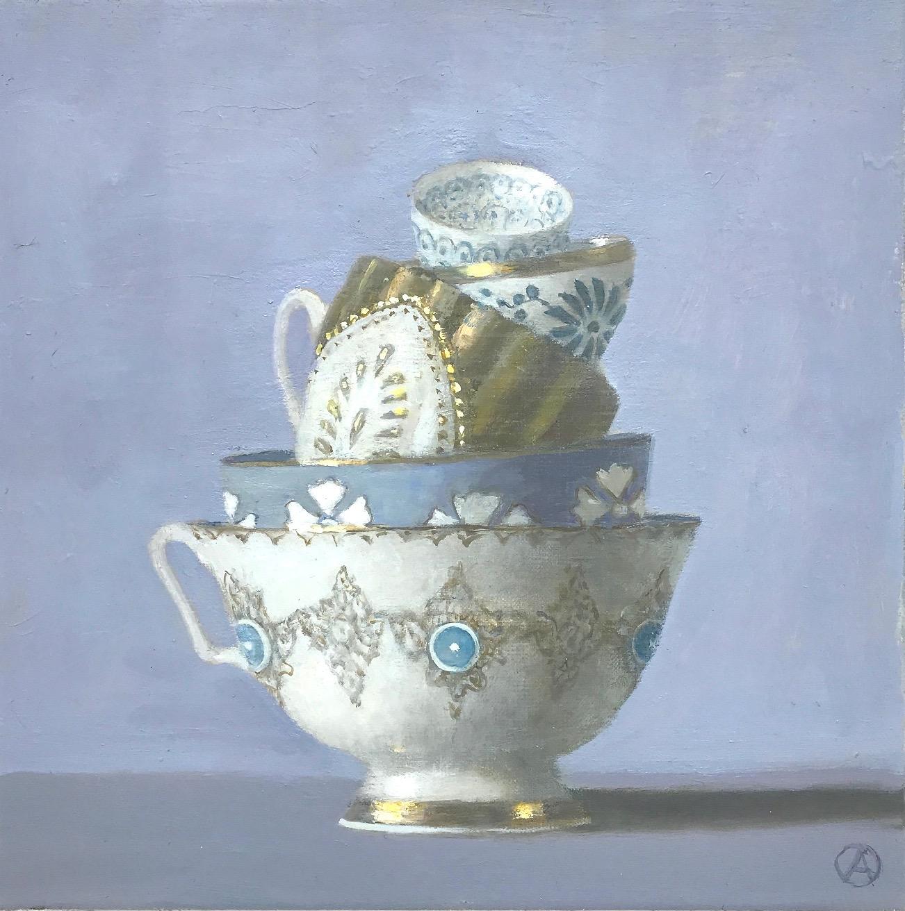 Olga Antonova Still-Life Painting - "5 Stacked Cups on Purple Background"  Elegant Still Life, Lavender, Gold, White