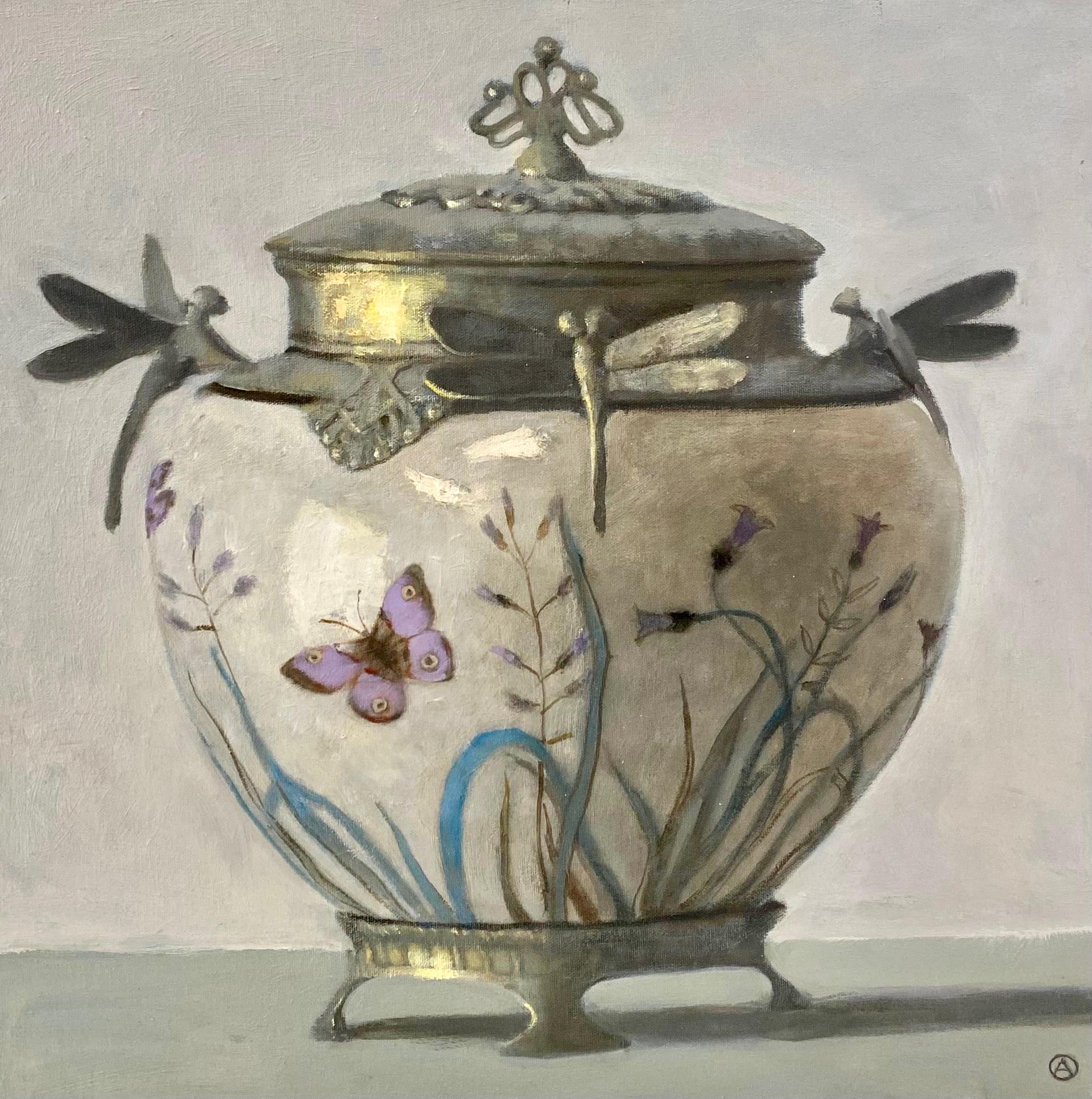 Olga Antonova Still-Life Painting - "Art Nouveau Vase Still Life of Lavender Butterflies, Blue Flowers, Gold Trim"