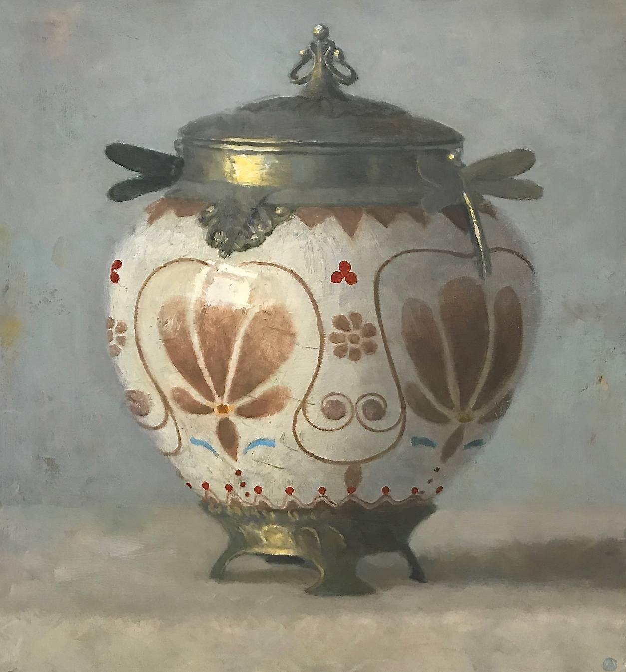 Olga Antonova Still-Life Painting - "Elegant Still Life of Art Nouveau Vase with Brown Flowers"