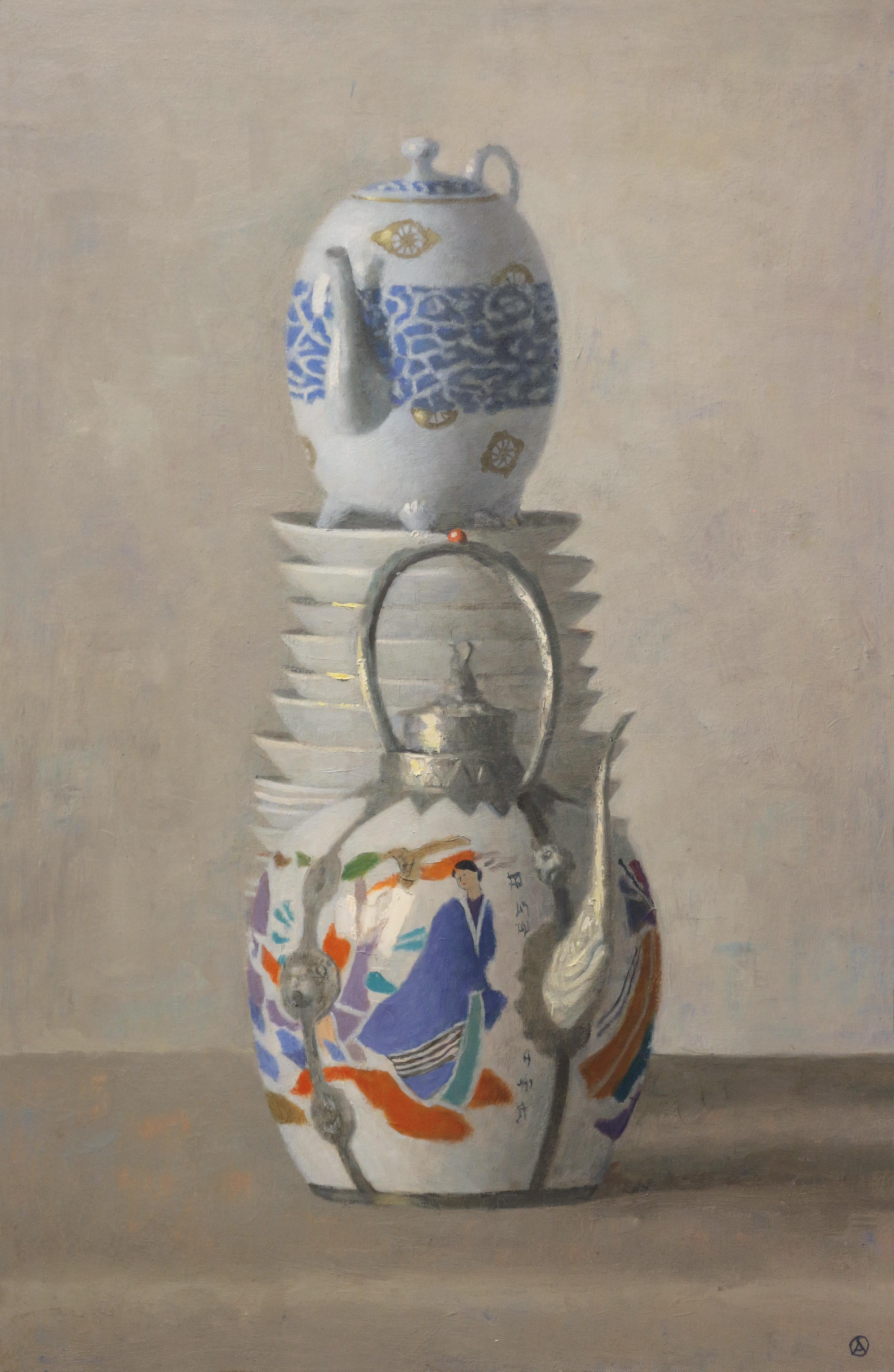 Olga Antonova Still-Life Painting - ASIAN TEAPOTS AND PLATES, stacked cups, detailed white porcelain, still life 