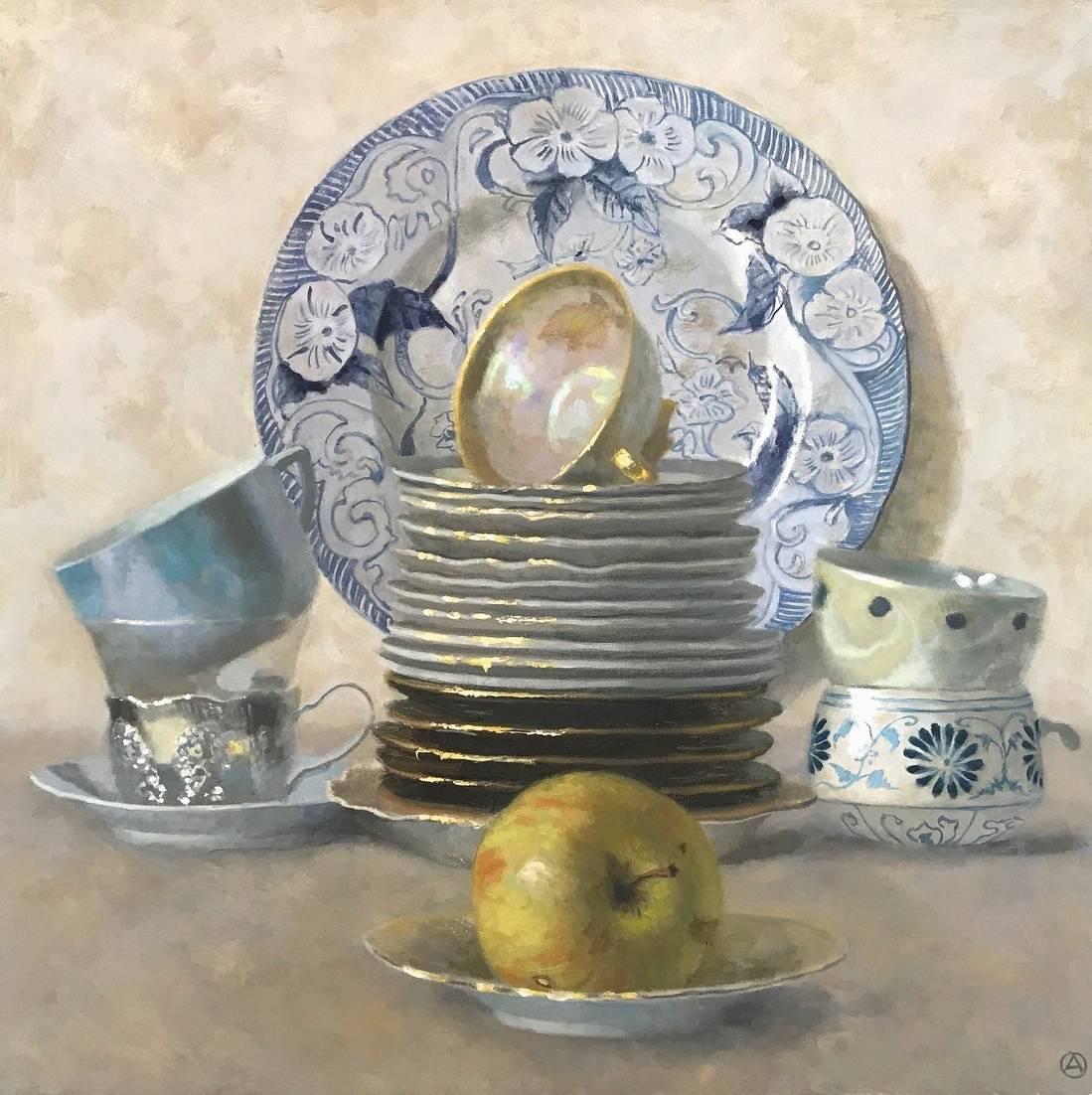 Olga Antonova Still-Life Painting - Blue and White Cup and Plate Composition with Apple