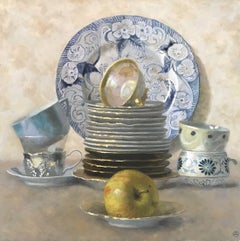 Blue and White Cup and Plate Composition with Apple