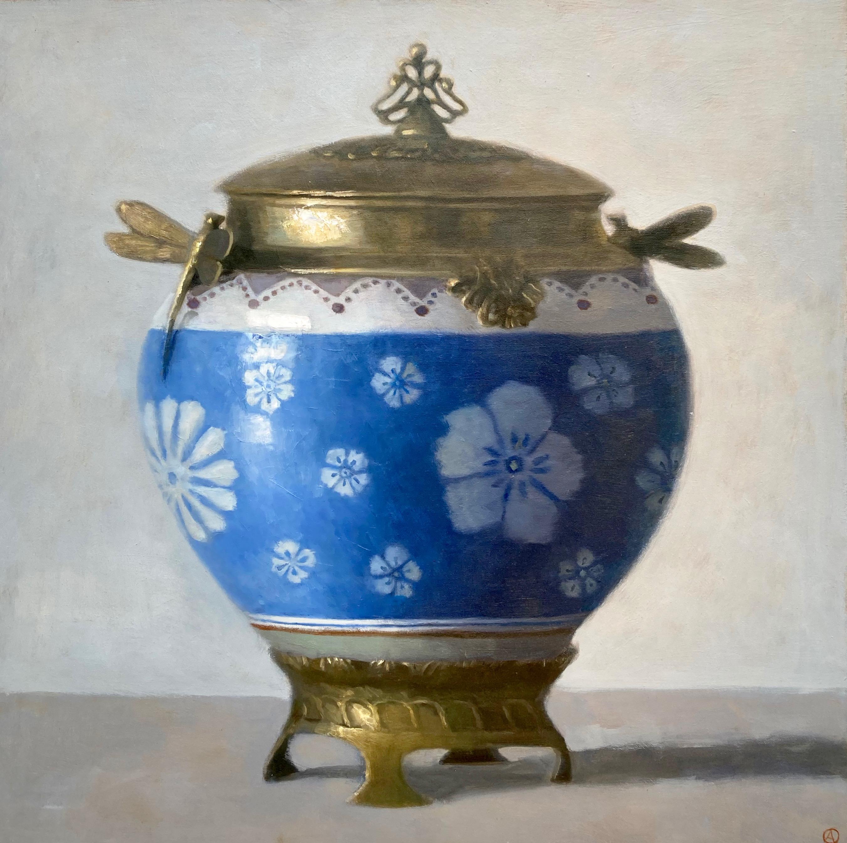 Olga Antonova Still-Life Painting - "Blue Art Nouveau Vase"    Vase with Gold Metal Trim and Blue and White Flowers