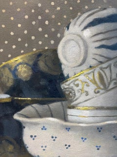 "Composición de Copas sobre Lunares con Rayas" Brillante Elegante Azul, Blanco, Dorado