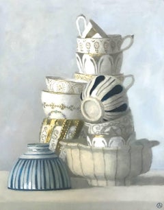 Composition of Twelve Blue, White and Gold Cups Stacked