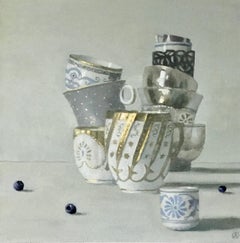 "Composition with Blueberries"   Stacked Cups Still Life White, Gold, Gray, Blue