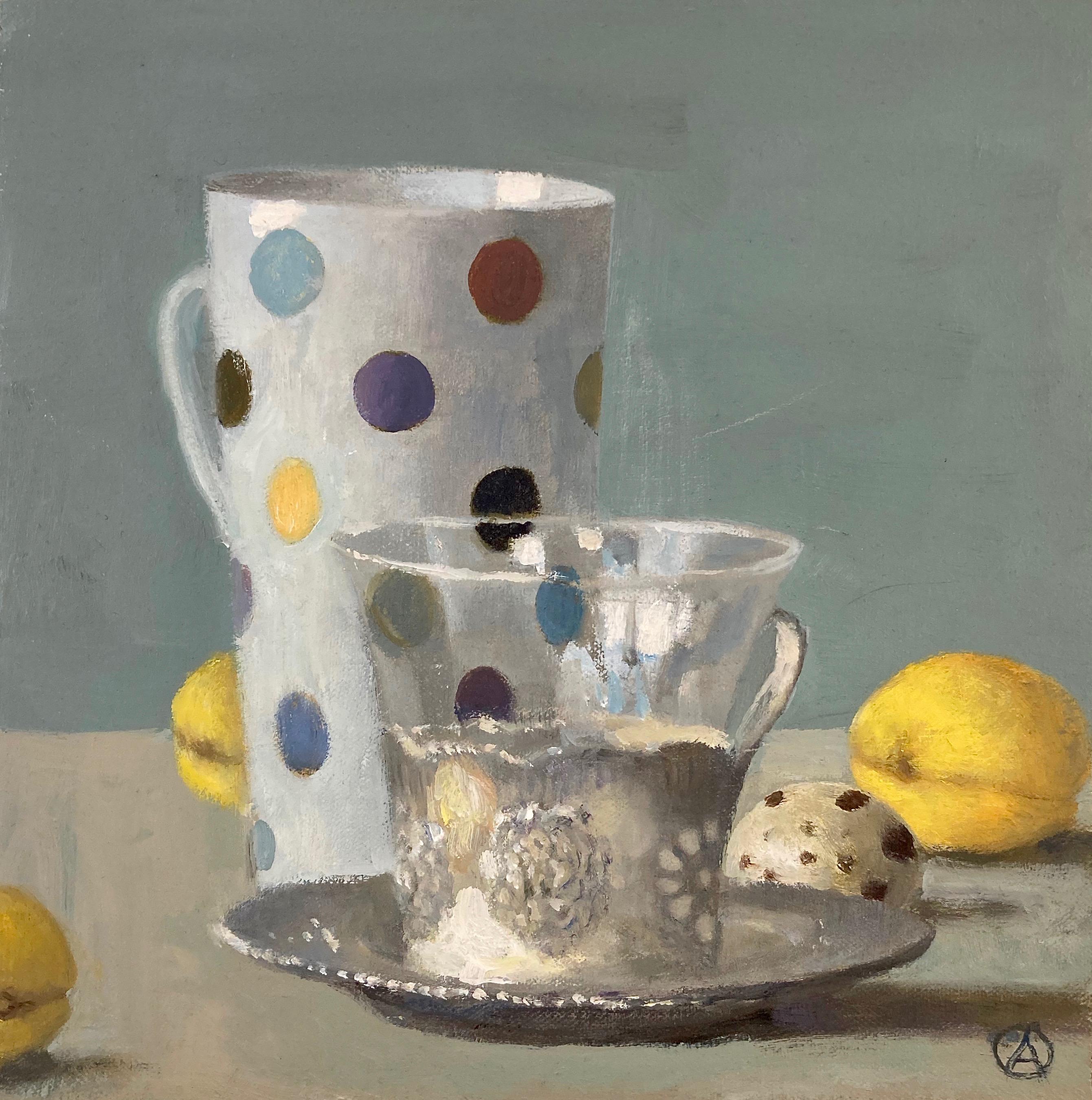 Still-Life Painting Olga Antonova - '""Composition avec tasse à pois, tasse russe en argent et citrons"