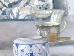 "Composition with Two Plates"  Elegant still life, blues and white with six cups