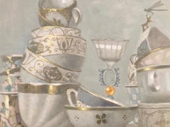 "Cup Composition & Orange Ball"   Elegant Stacked Gold/White Cups on Pale Aqua