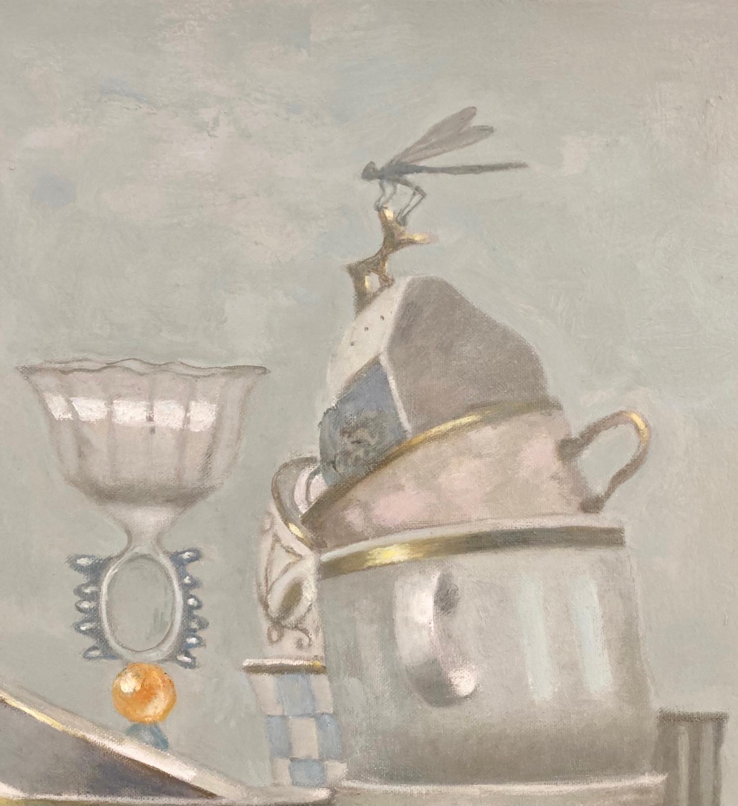 „Cup Composition & Orange Ball“   Elegante gestapelte Gold/Weiß-Tasse auf blassem Aqua  (Realismus), Painting, von Olga Antonova
