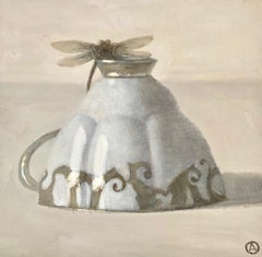 "Cup with Dragonfly" Tan, White and Silver Cup on Tan Ground with Gray Dragonfly