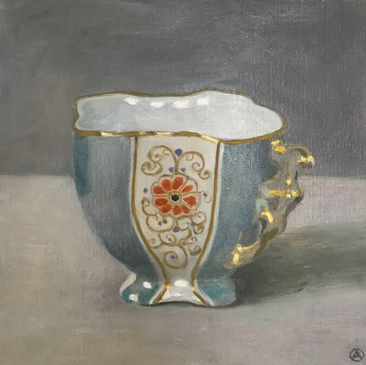 Olga Antonova Still-Life Painting - "Elegant Still Life of Blue and Gold Cup with Red Flower"