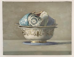 "Cups in Circle in a Bowl"  Elegant Still Life of Blue, White, Gold Cups & Bowl