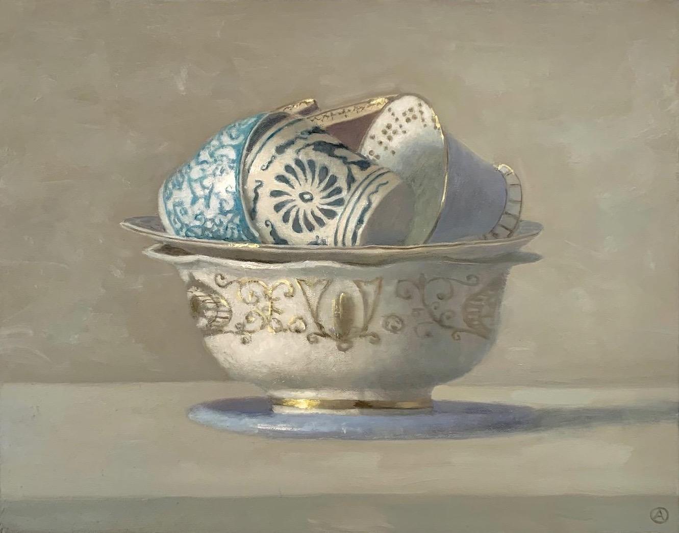 Olga Antonova Still-Life Painting - "Cups in Circle in a Bowl"  Elegant Still Life of Blue, White, Gold Cups & Bowl 