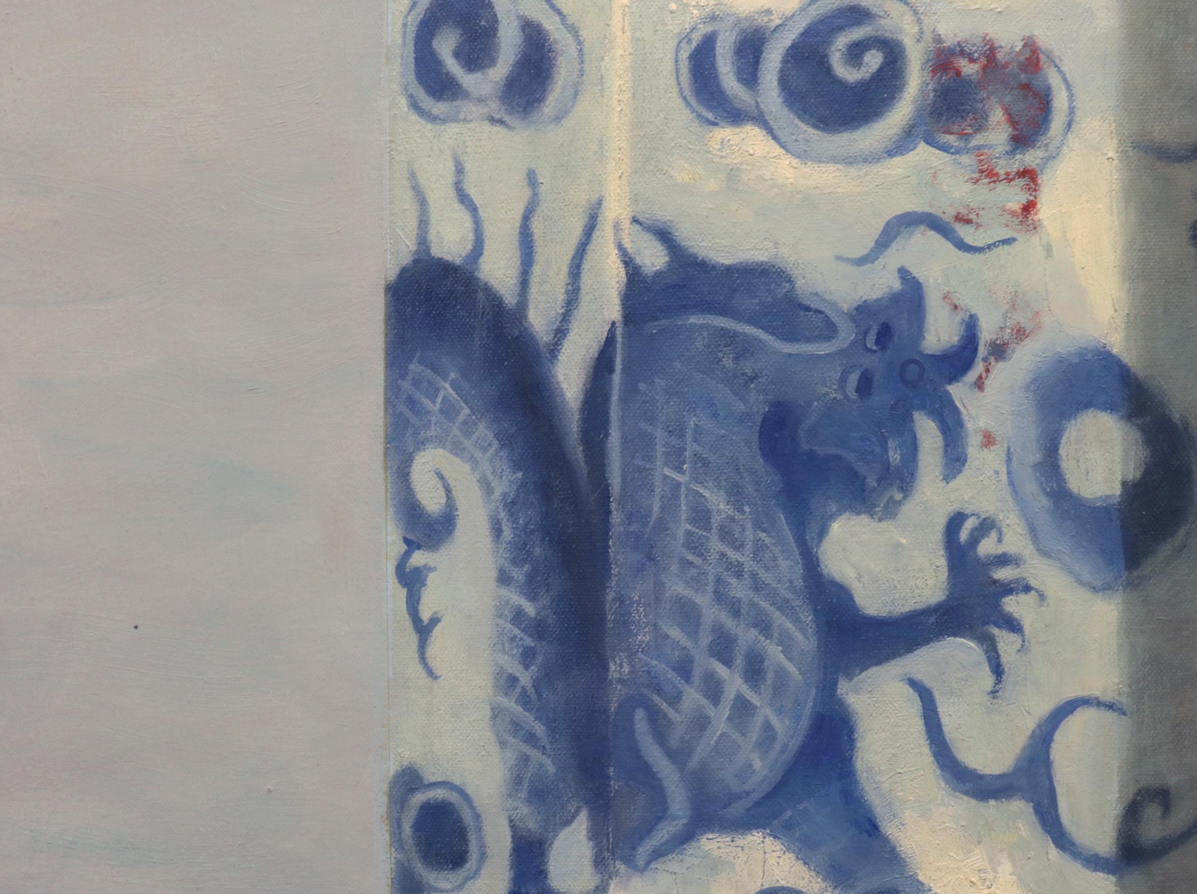 DRAGON TEAPOT ON STRIPES, still-life, blue detail on white china, hyper-real - Painting by Olga Antonova