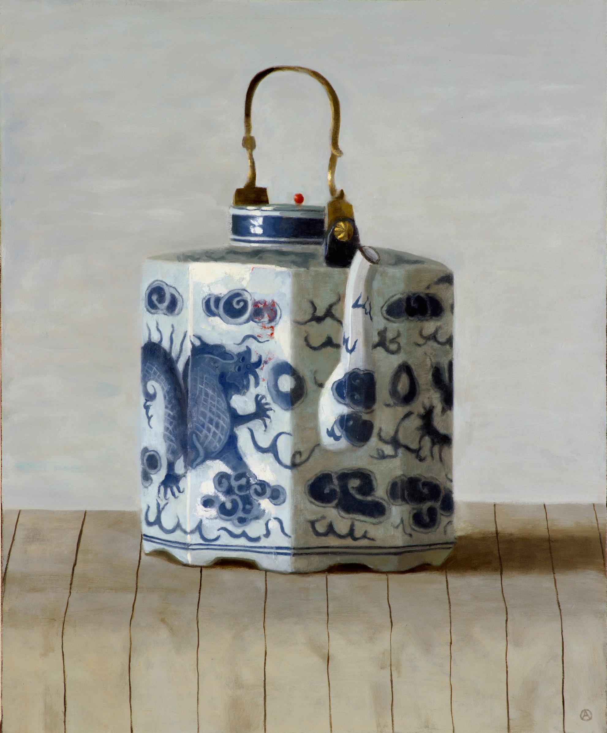 Olga Antonova Still-Life Painting - DRAGON TEAPOT ON STRIPES, still-life, blue detail on white china, hyper-real