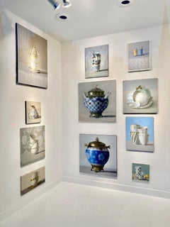 "Elegant Still Life of Blue, White, Burgundy and Silver/Gold Art Nouveau Vase"