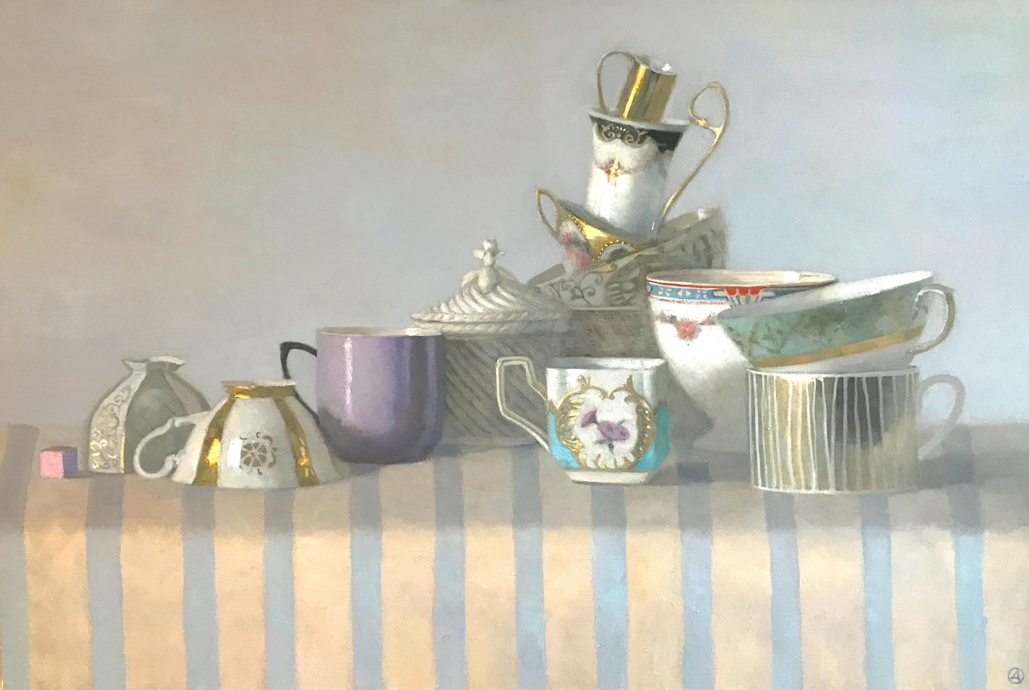Olga Antonova Still-Life Painting - "Elegant Still Life of Cups with Stripes"  Lavender, turquoise, white, gold, tan