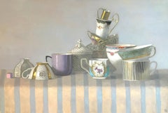 "Elegant Still Life of Cups with Stripes"  Lavender, turquoise, white, gold, tan