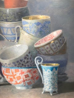 "Elegant Still Life of Many Cups, Some with Orange" Gold, Blue, White, Turquoise