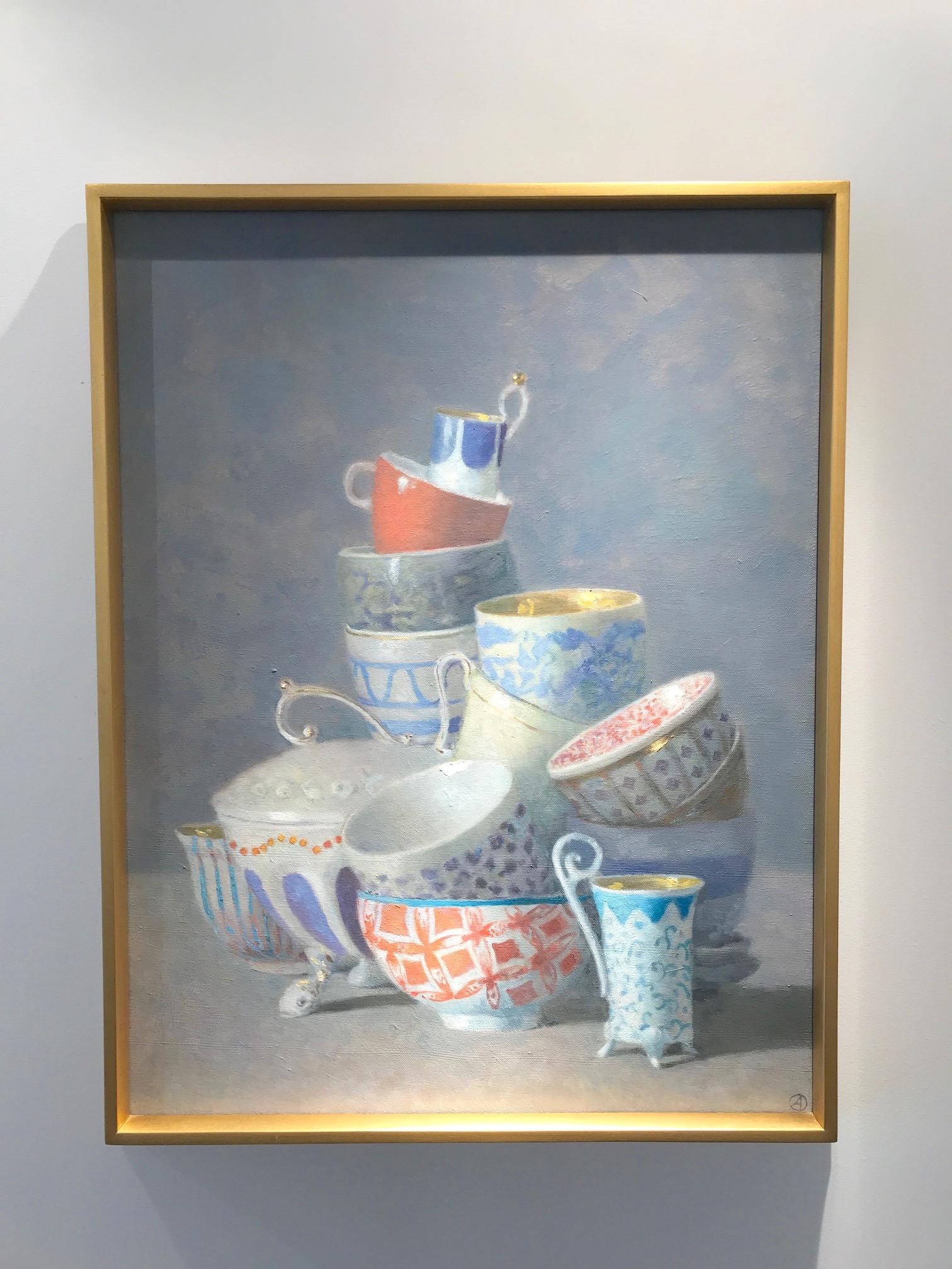 Still-Life Painting Olga Antonova - "Elegance Still Life of Many Cups, Some with Orange" Or, bleu, blanc, turquoise