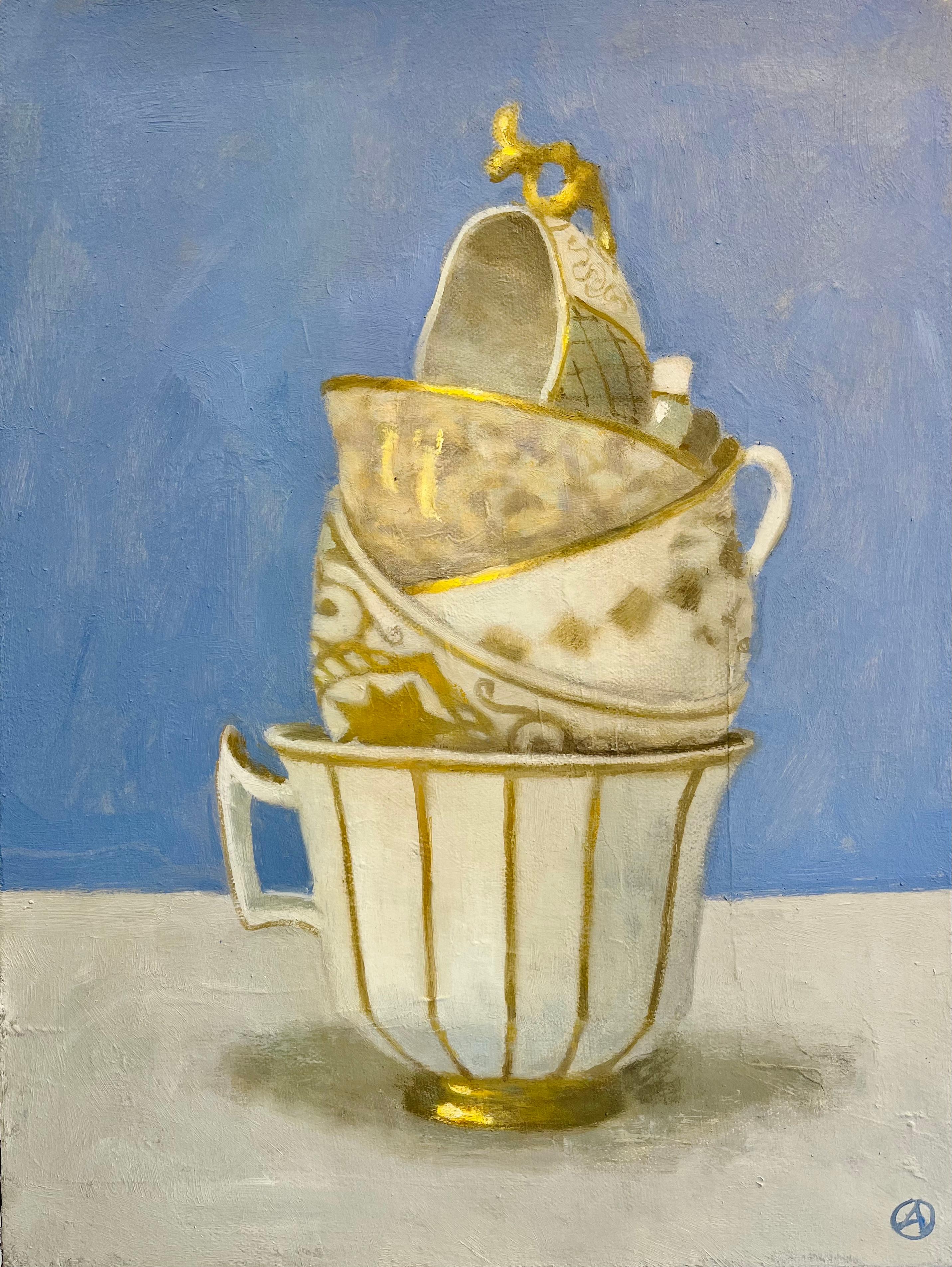 Olga Antonova "Elegant Still Life of Two Stacked Cups in White, Blue