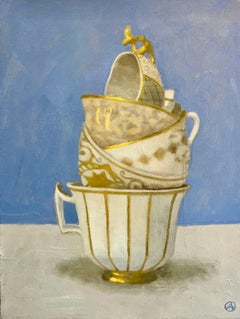 Five Cups Stacked on Blue - original still life realist silverwear pots photo 