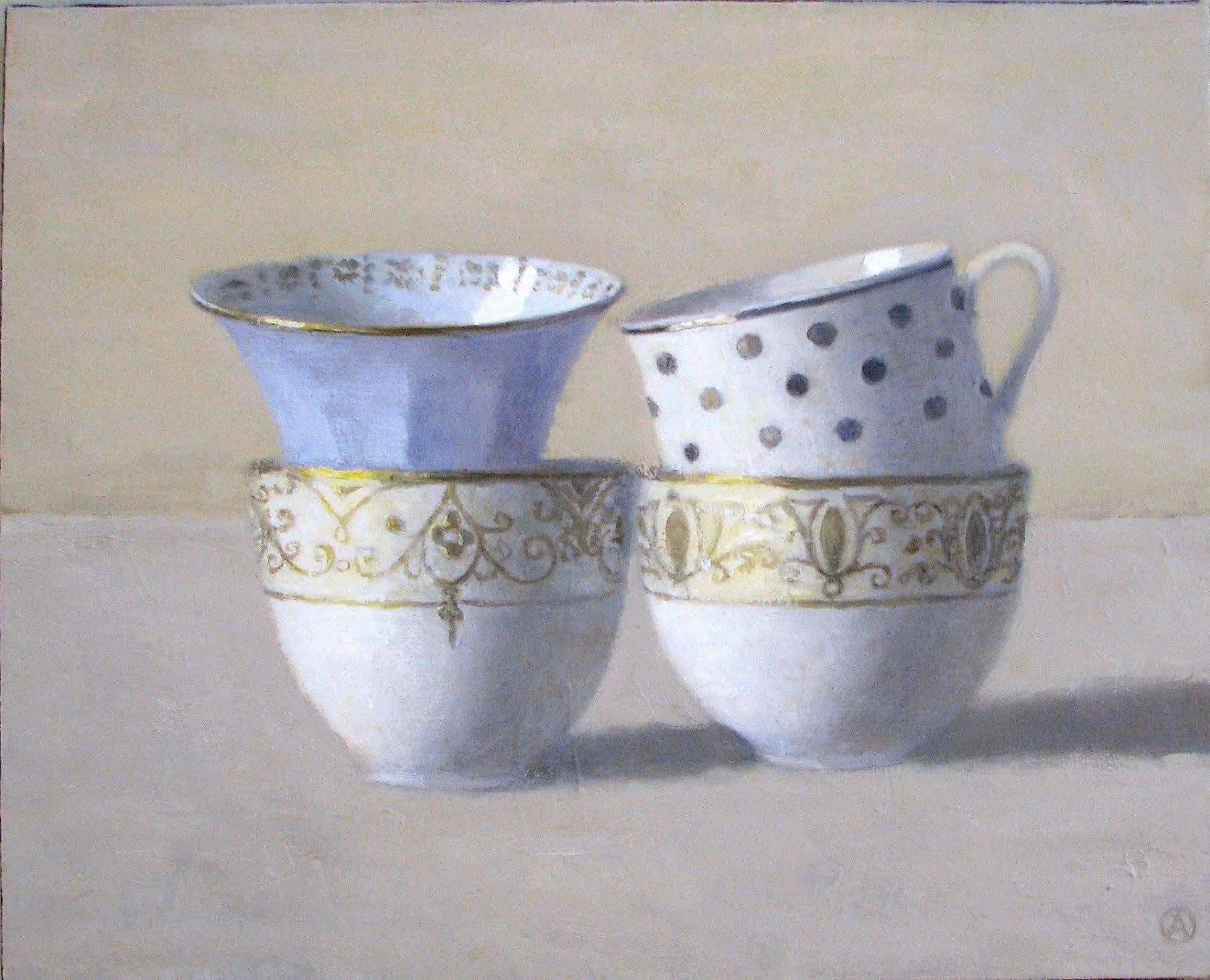 Olga Antonova Still-Life Painting - "Elegant Still Life of Four Cups with White, Blue and Gold"