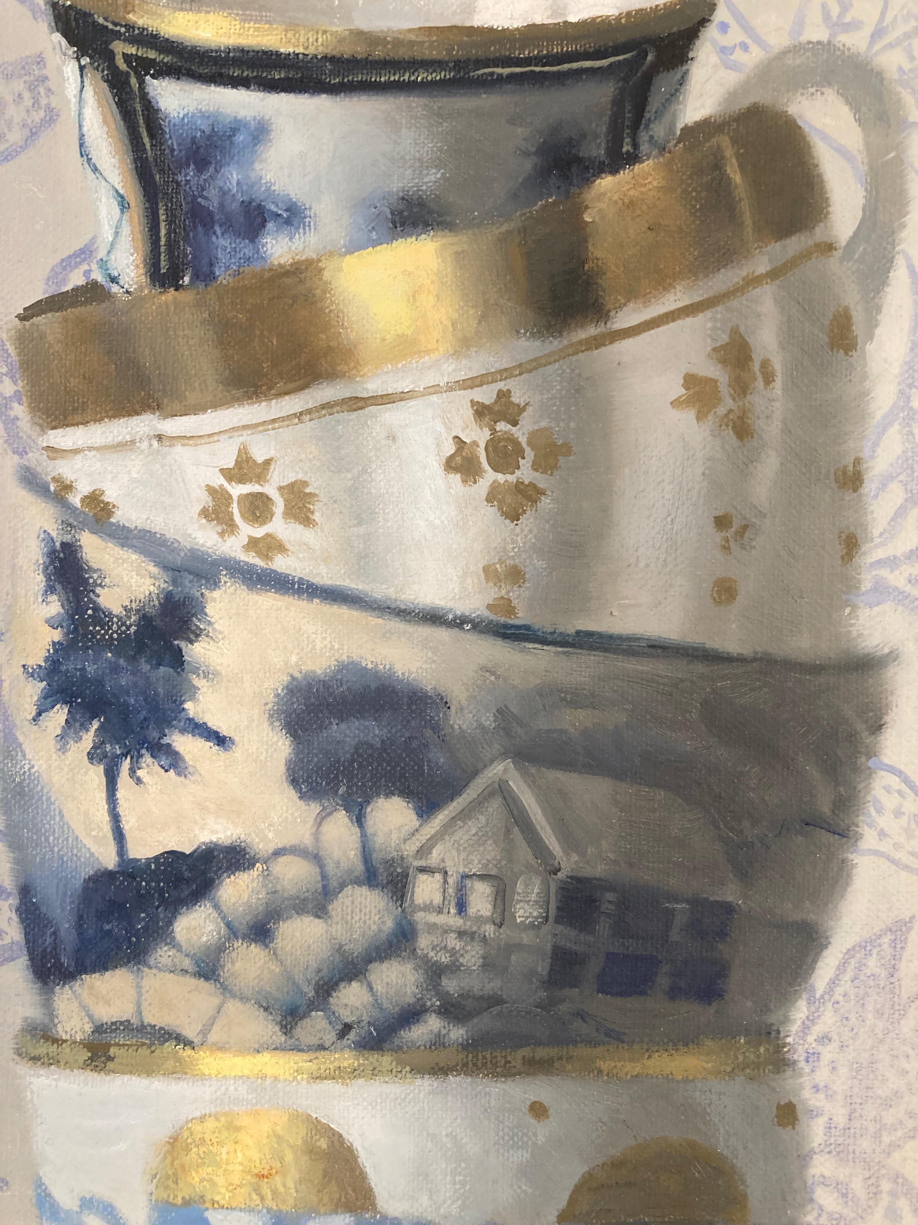 « Quatre tasses empilées bleues, blanches et dorées sur fond avec des fleurs lavande » - Painting de Olga Antonova