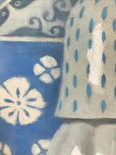 "Four Stacked Cups in Blue" Elegant and whimsical still life, blue and white,