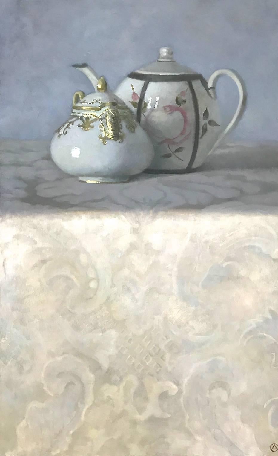 Olga Antonova Still-Life Painting - "Elegant Still Life of Japanese and Persian Teapots on Patterned Fabric"