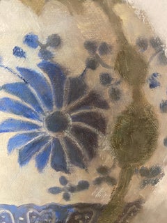 "Tetera japonesa con adornos dorados y flores azules y blancas" Elegante bodegón