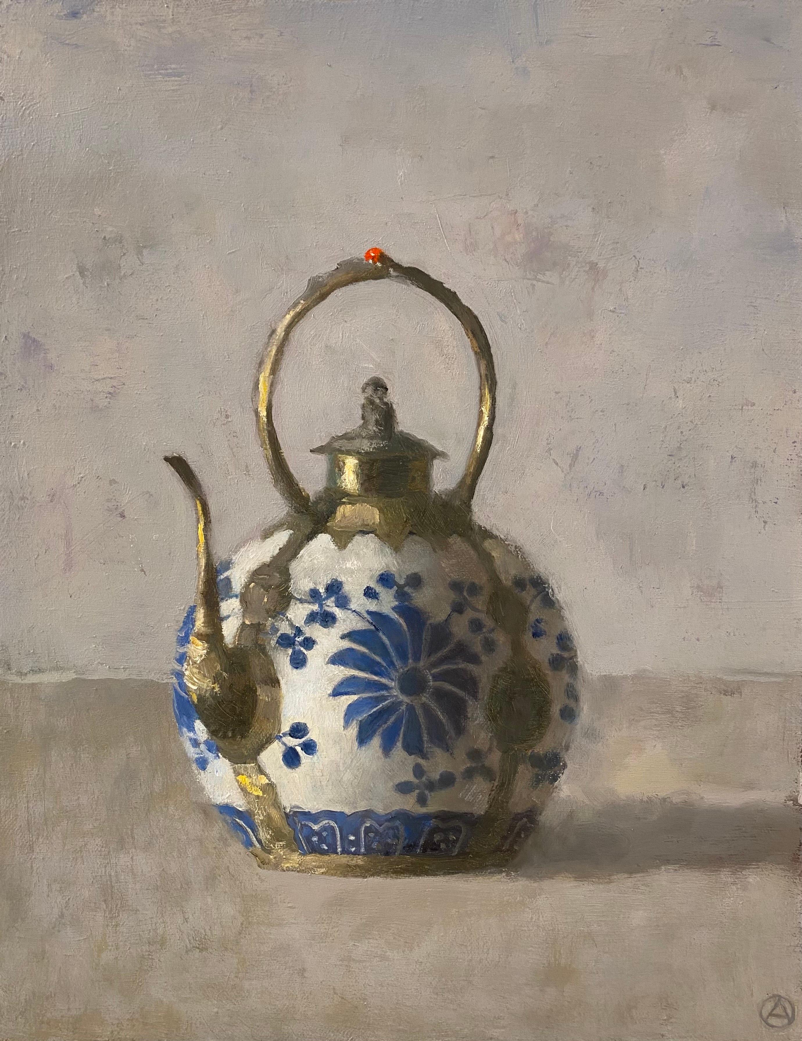 Olga Antonova Still-Life Painting - "Japanese Teapot with Gold Trim and Blue and White Flowers" Elegant still life
