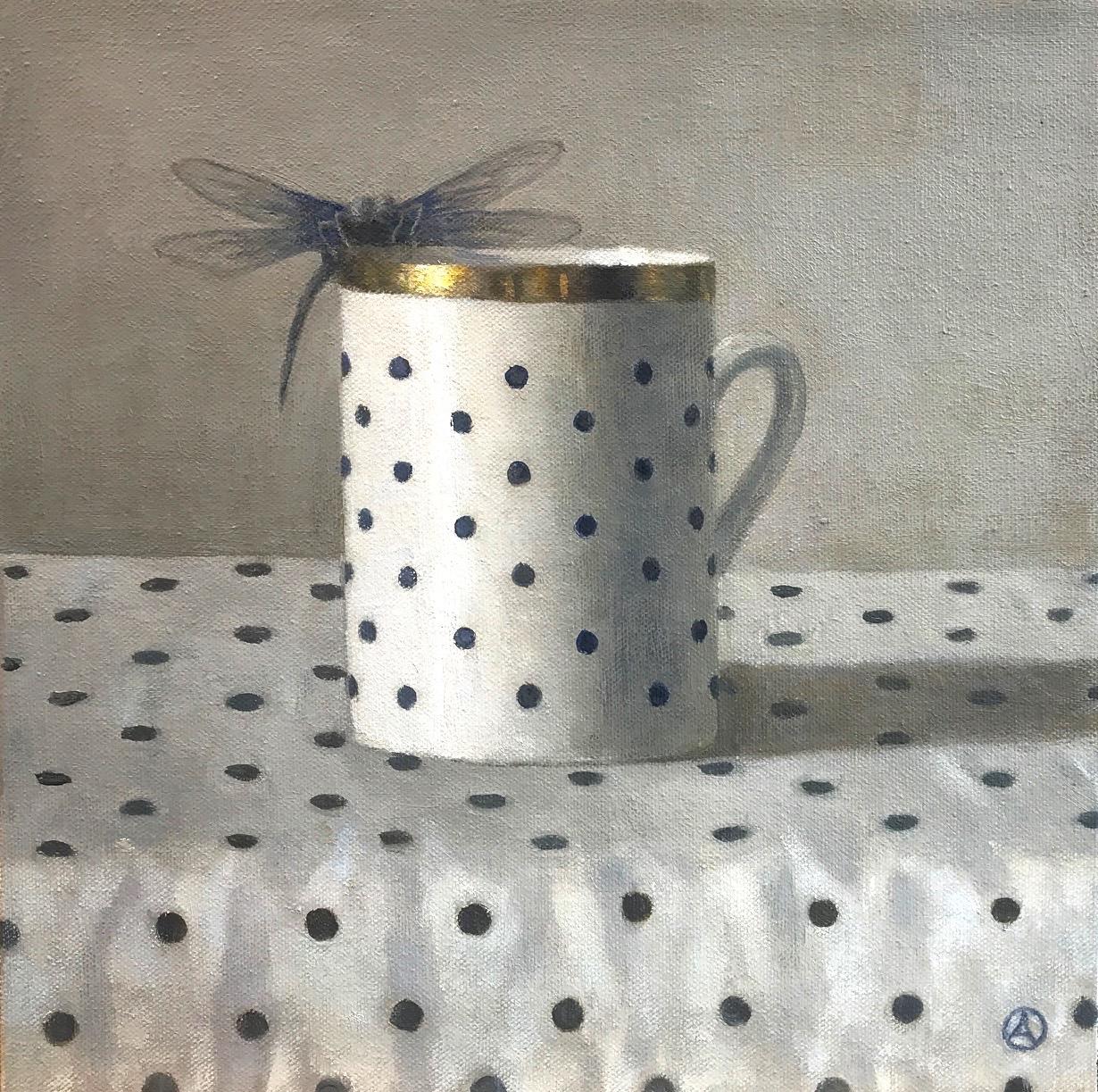 Olga Antonova Still-Life Painting - "Mug with Polka Dots and Dragonfly"  White/black mug, gold rim, black polka dots