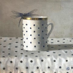 "Mug with Polka Dots and Dragonfly"  White/black mug, gold rim, black polka dots