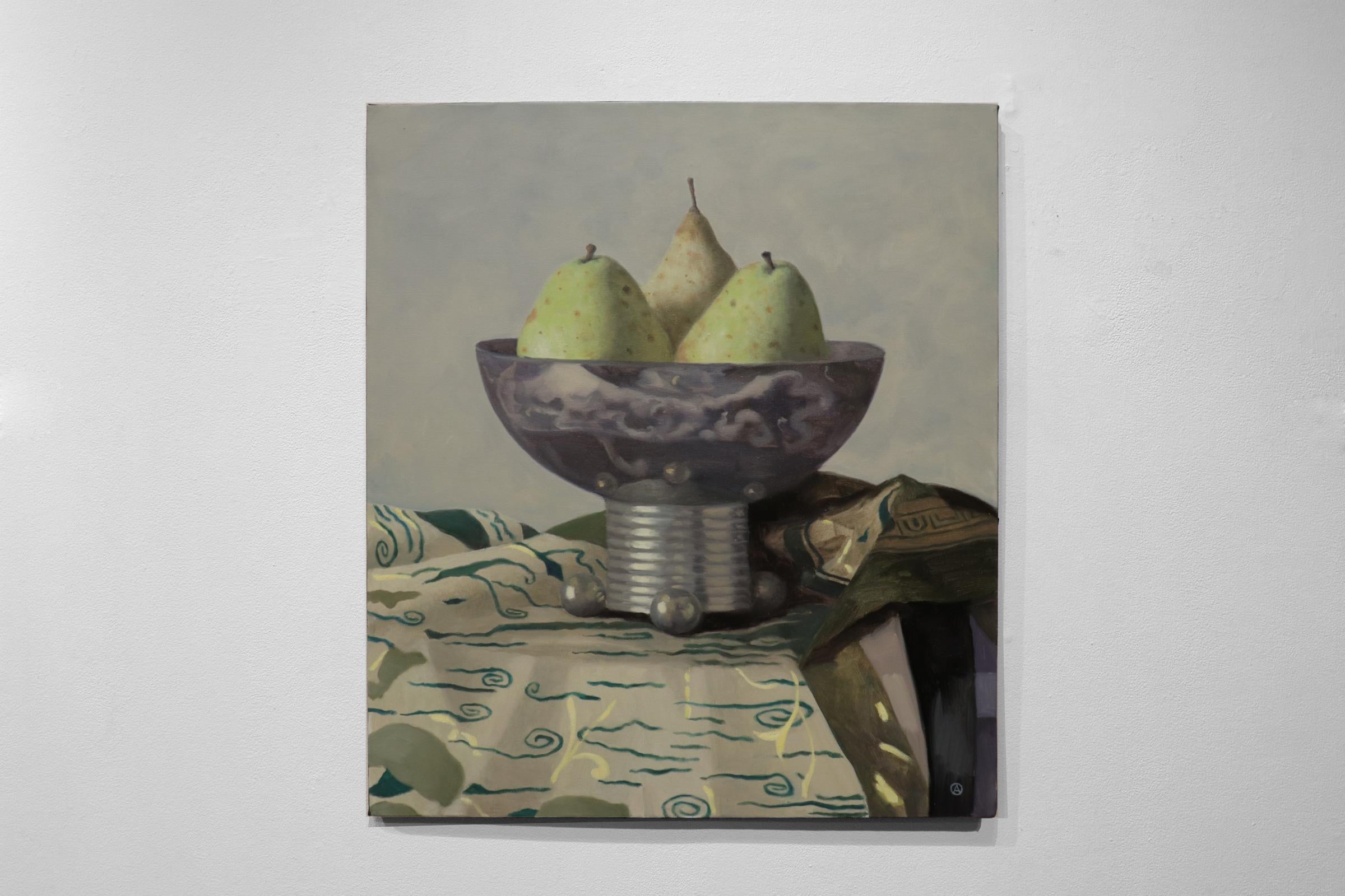 PEARS IN A METAL VASE - Still life with fruit / Photorealism - Painting by Olga Antonova