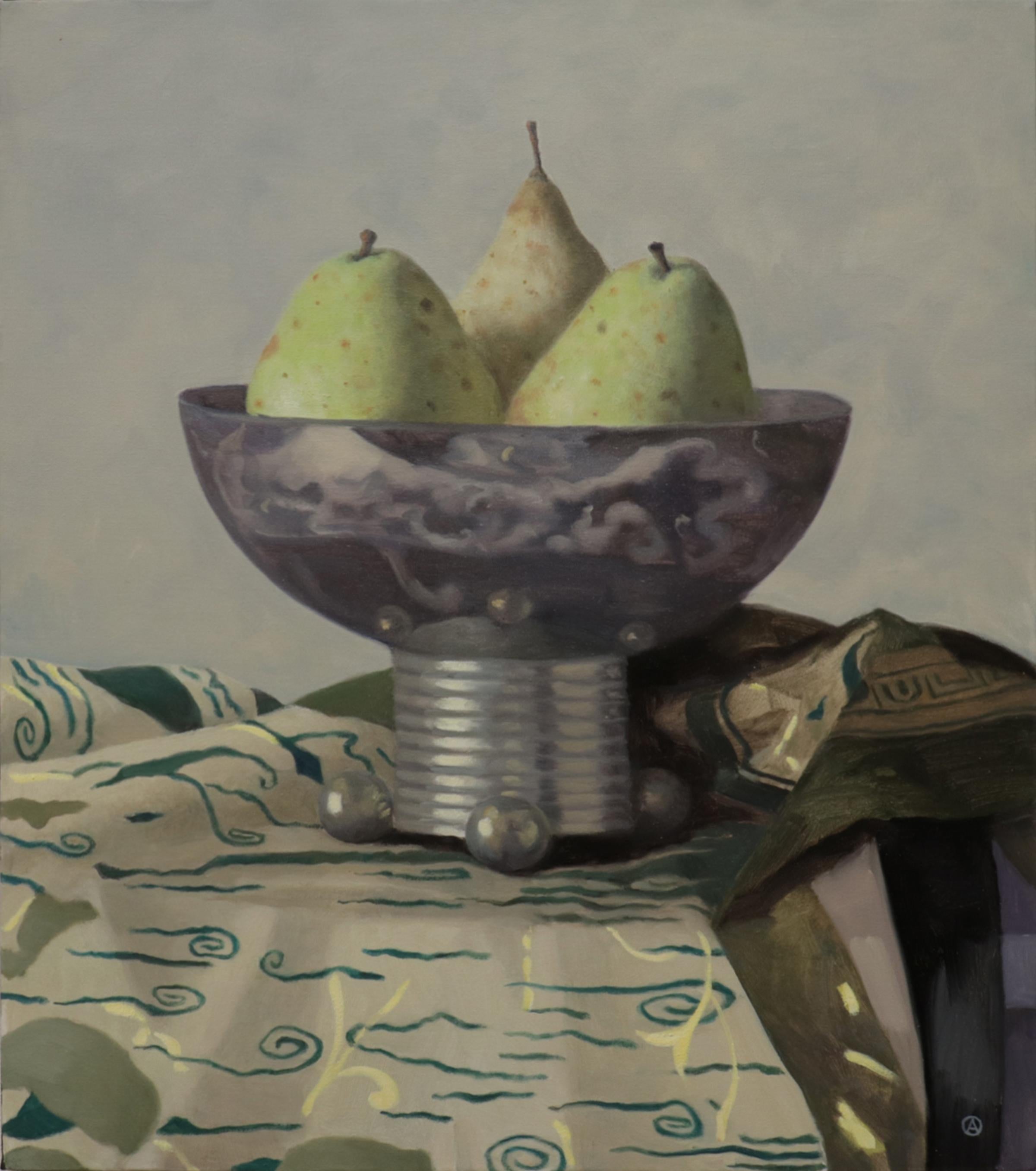 Olga Antonova Still-Life Painting - PEARS IN A METAL VASE - Still life with fruit / Photorealism