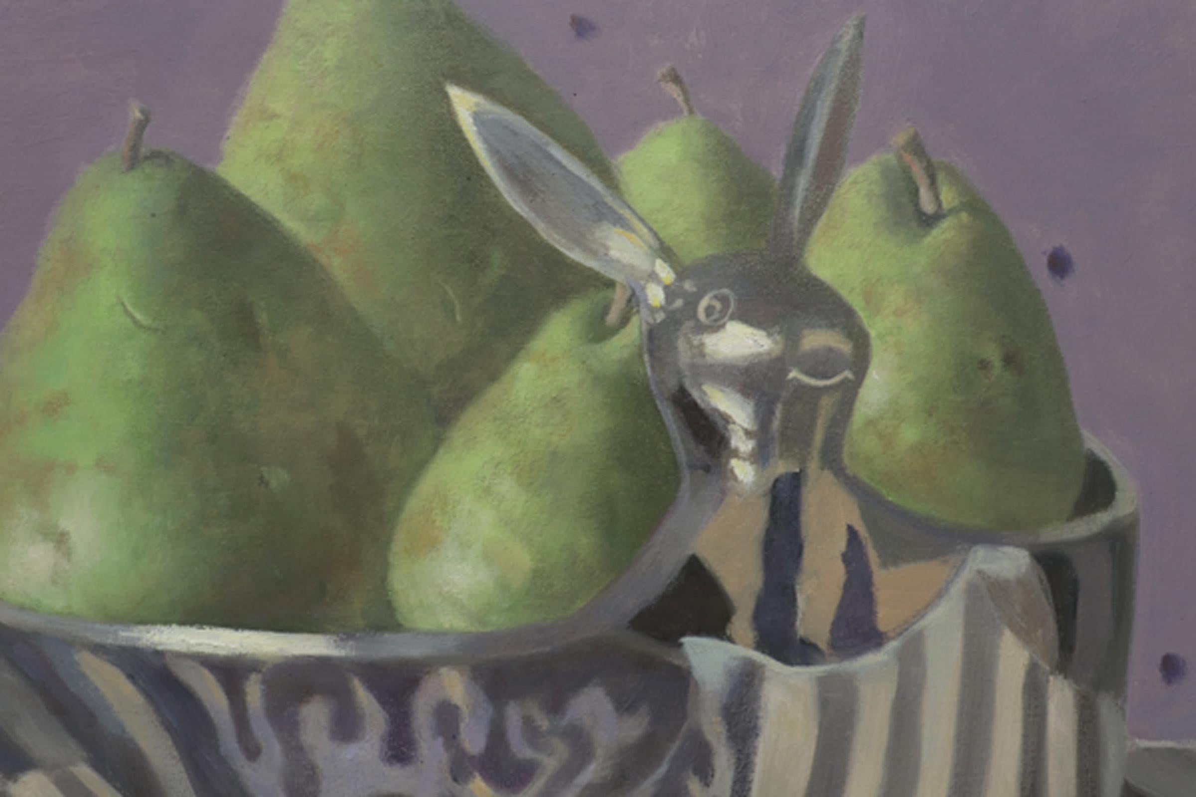 PEARS IN BOWL WITH BUNNY, purple backdrop, green, metal, still-life, stripes - Painting by Olga Antonova