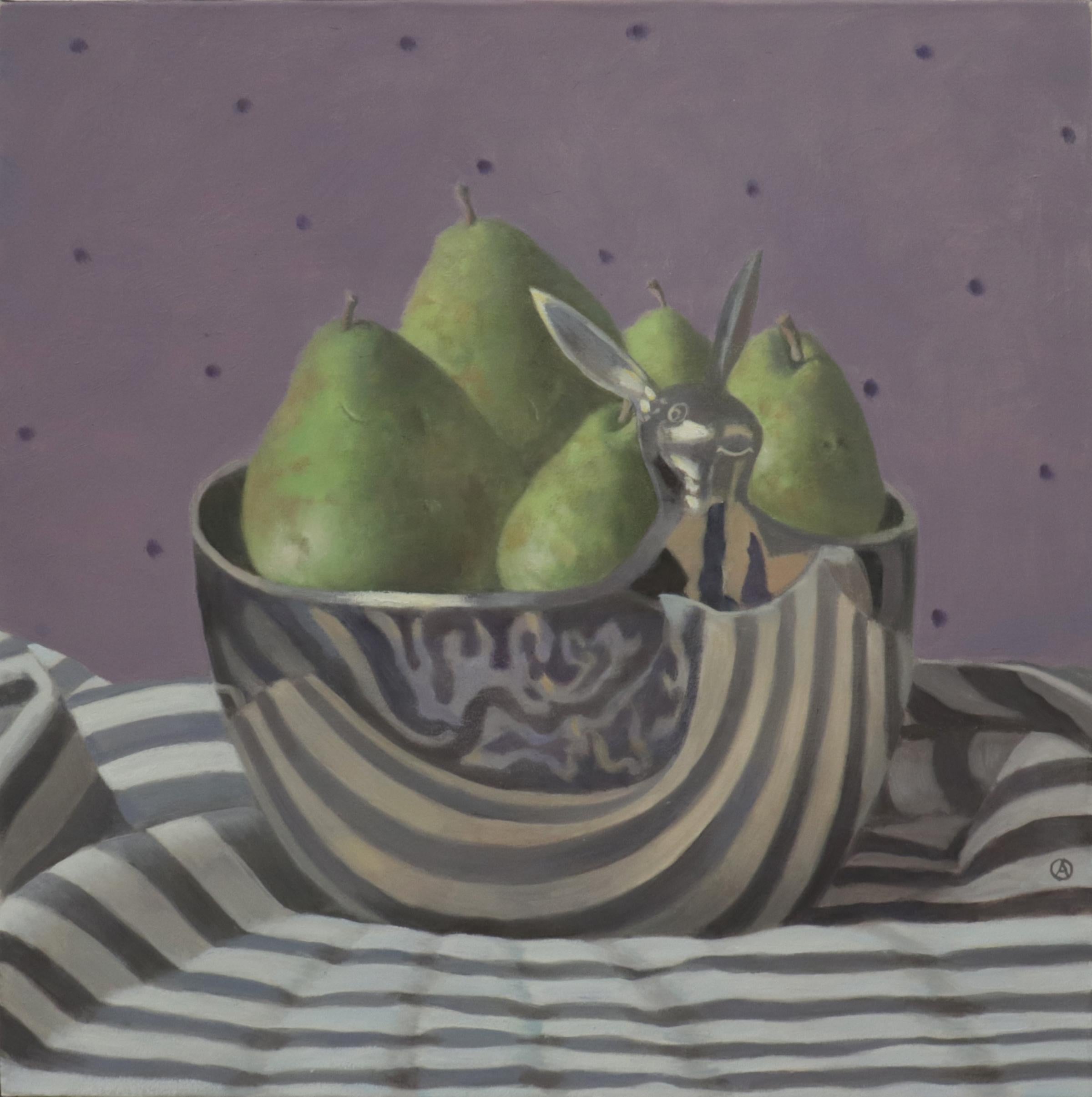Olga Antonova Still-Life Painting - PEARS IN BOWL WITH BUNNY, purple backdrop, green, metal, still-life, stripes