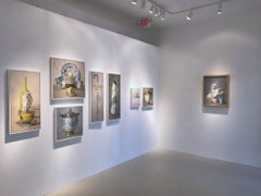 "Elegant Still Life of Pink and Gold Cup on Dots"