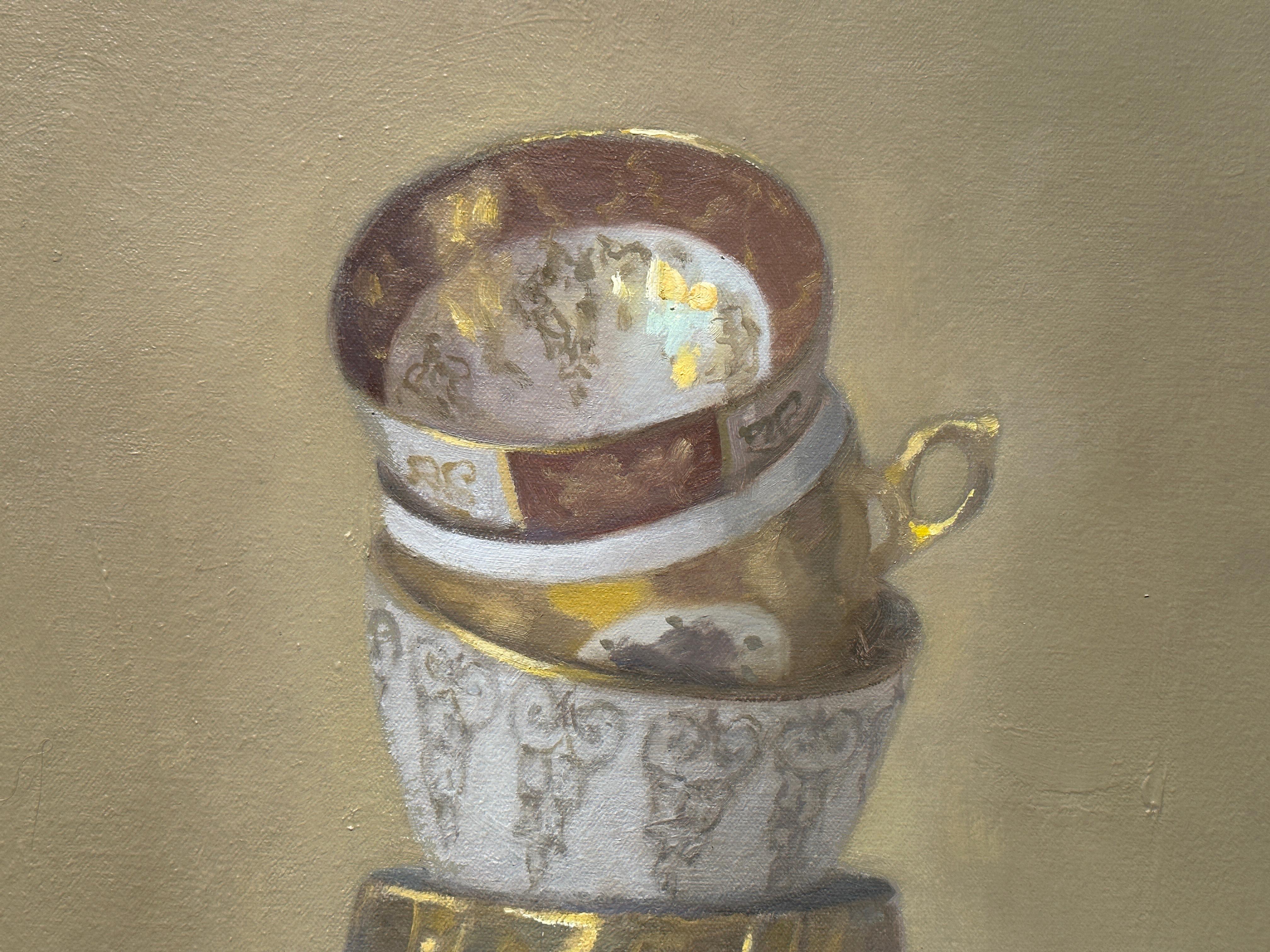 PORCELAIN AND GOLD TEACUPS - Contemporary Realism / Still Life For Sale 3