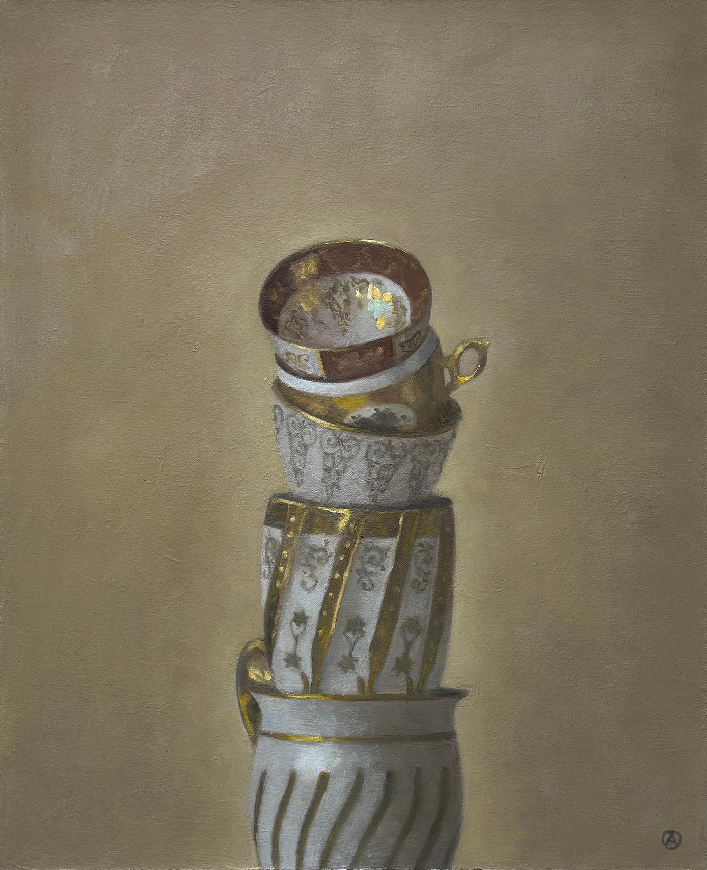 Olga Antonova Still-Life Painting - PORCELAIN AND GOLD TEACUPS - Contemporary Realism / Still Life