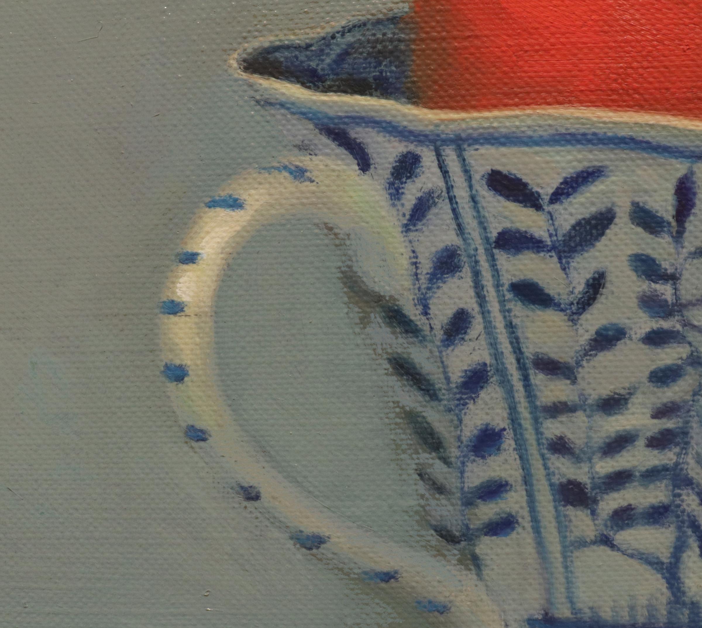 RED AND BLUE TEACUPS - contemporary still life of porcelain cups - Contemporary Painting by Olga Antonova