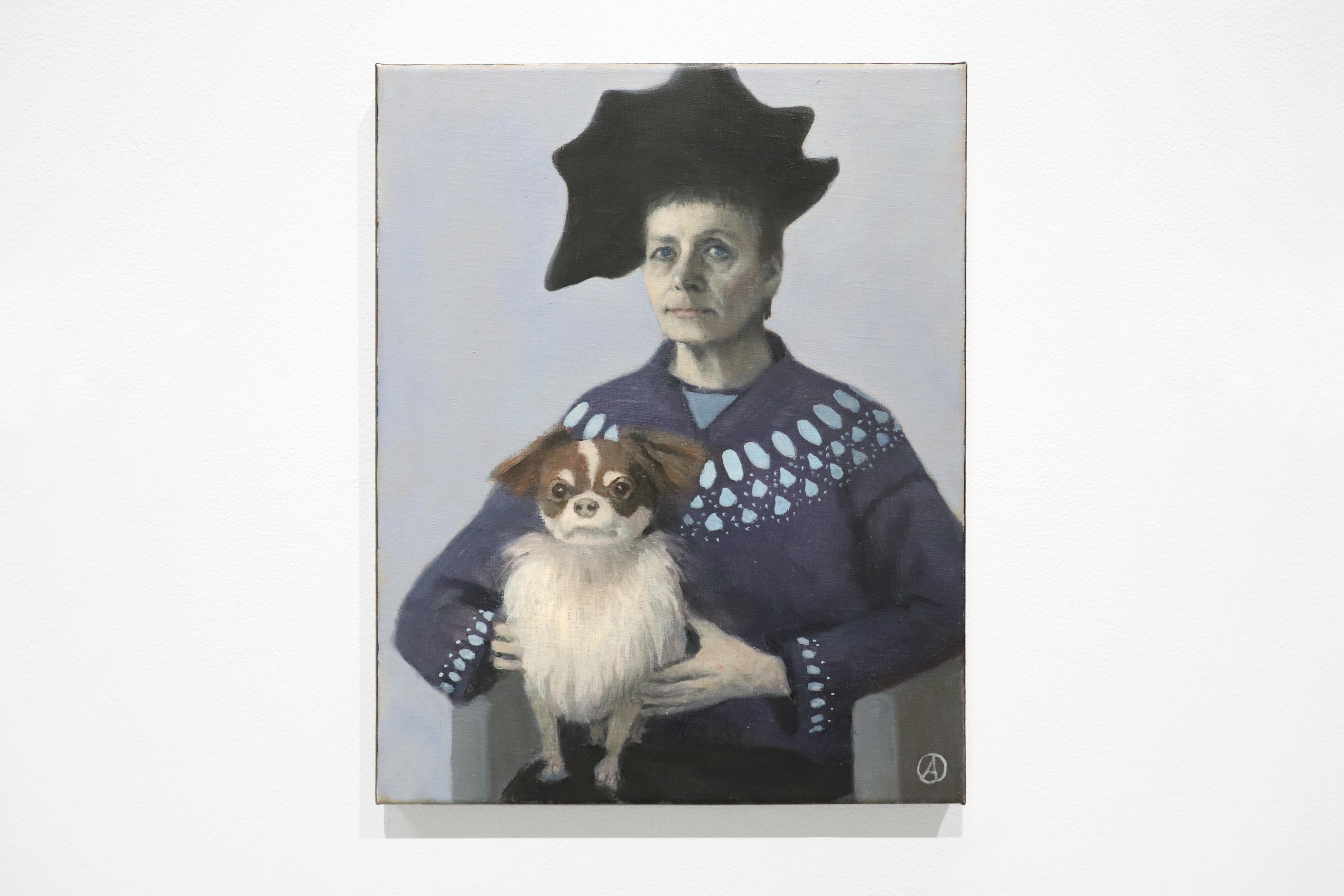 Self Portrait with Lap Dog, Pekingese, Black Hat, Blue Sweater - Painting by Olga Antonova