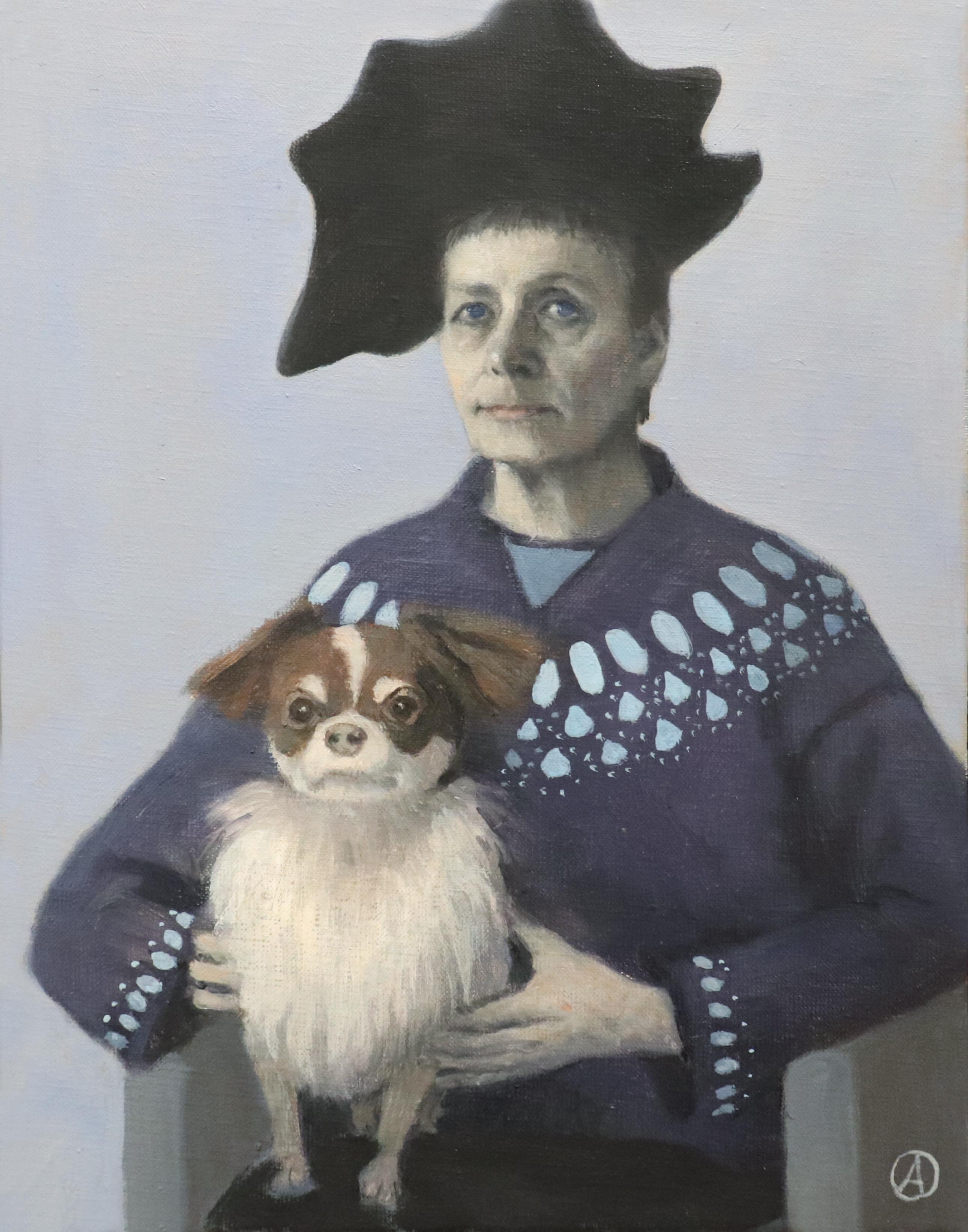 Olga Antonova Portrait Painting - Self Portrait with Lap Dog, Pekingese, Black Hat, Blue Sweater