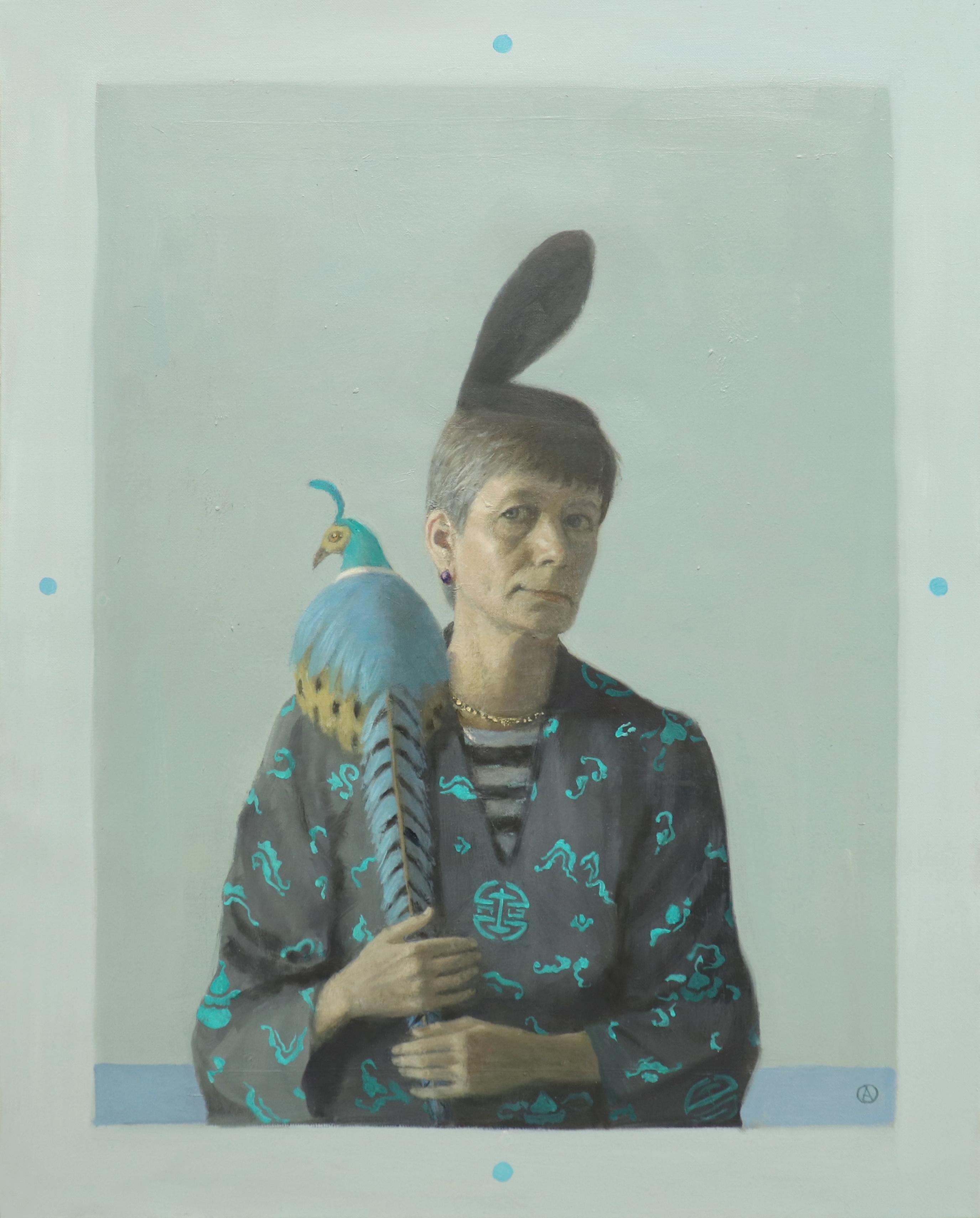 Olga Antonova Portrait Painting - SELF PORTRAIT WITH PHEASANT - Contemporary, Realism, Figurative