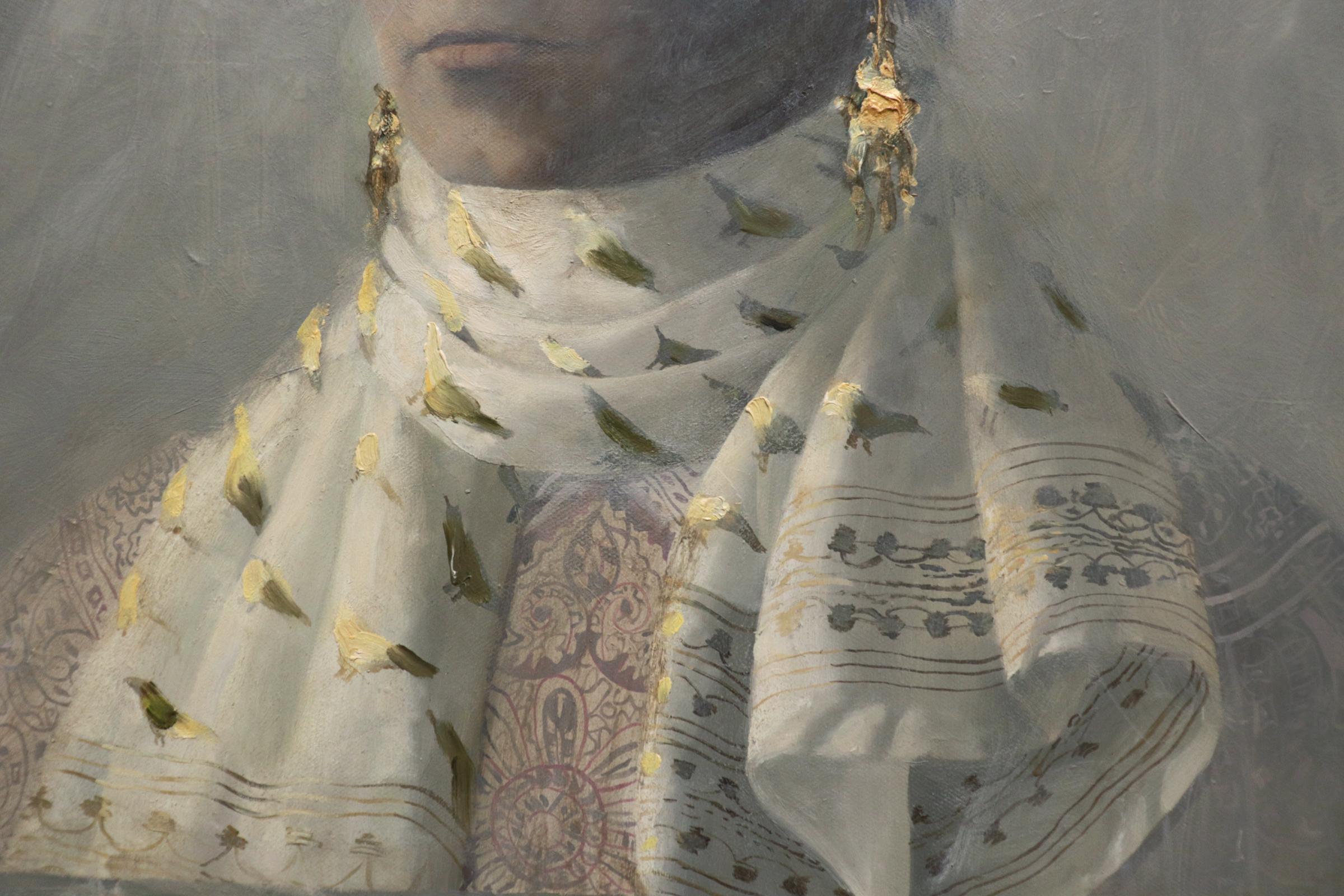 SELF PORTRAIT WITH SCARF - Female Portrait with Muted Colors and Gold Earrings - Feminist Painting by Olga Antonova