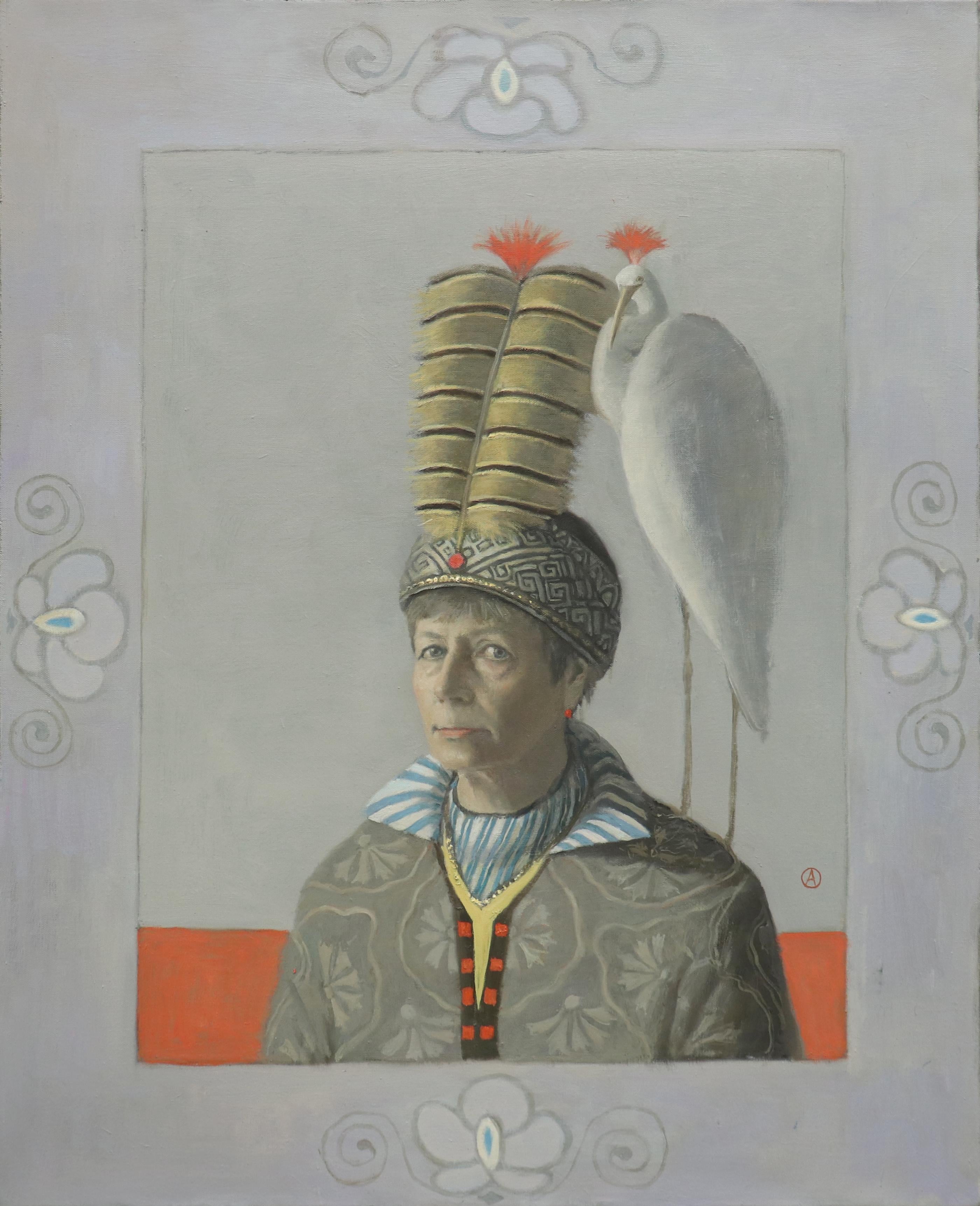 Olga Antonova Portrait Painting - SELF PORTRAIT WITH WHITE CRANE - Woman in Hat / Bird and Female Figure