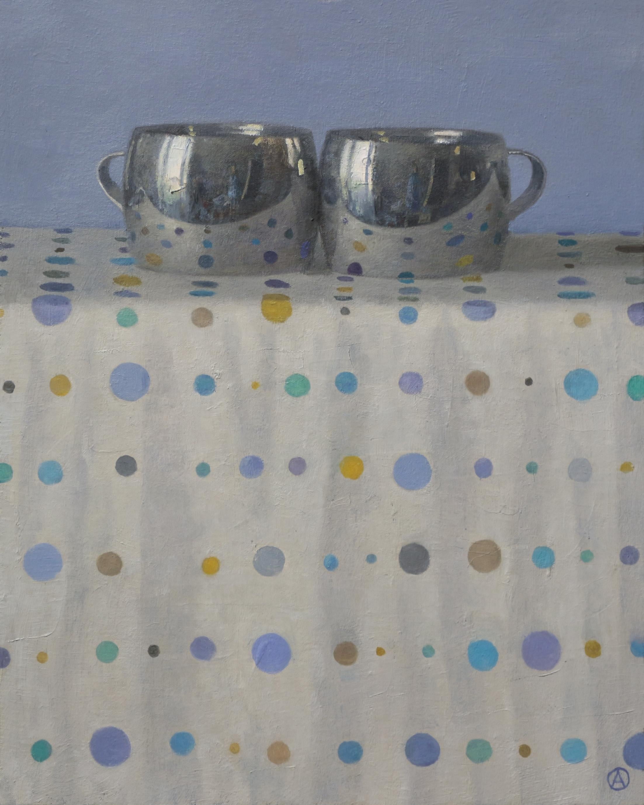 Olga Antonova Still-Life Painting - Silver Cups and Polka Dots